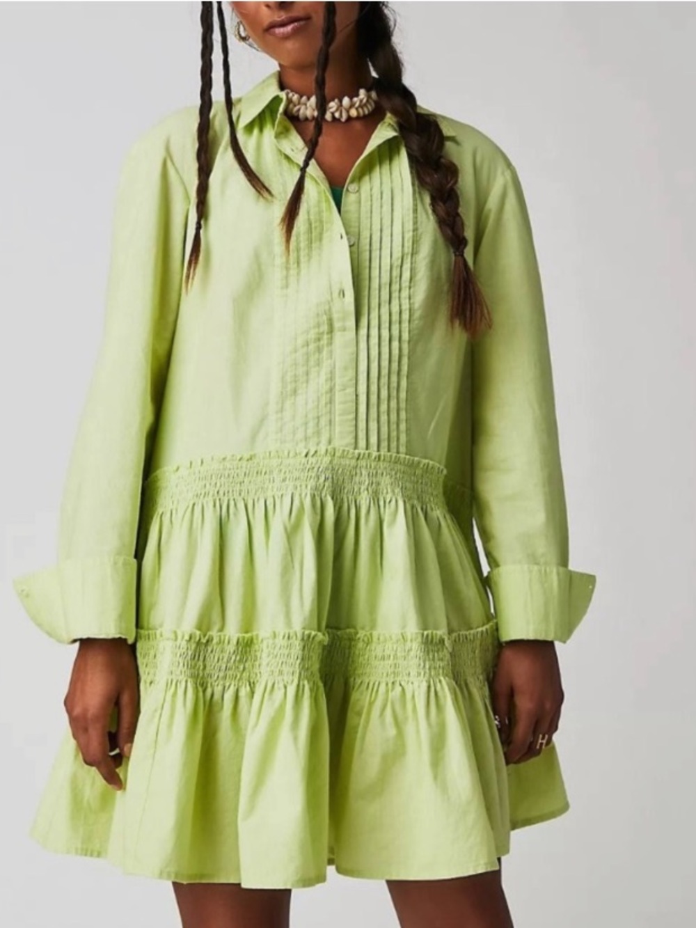 Free People Billie Mini Dress Tiered Ruffle Long Sleeve Neon Yellow Green M